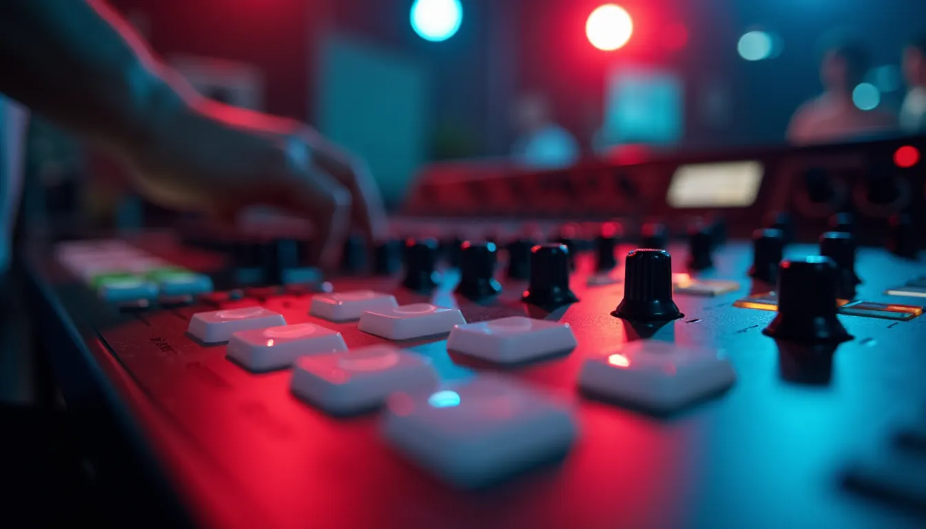 Close-up view of a mixing console with hip hop beat production in progress
